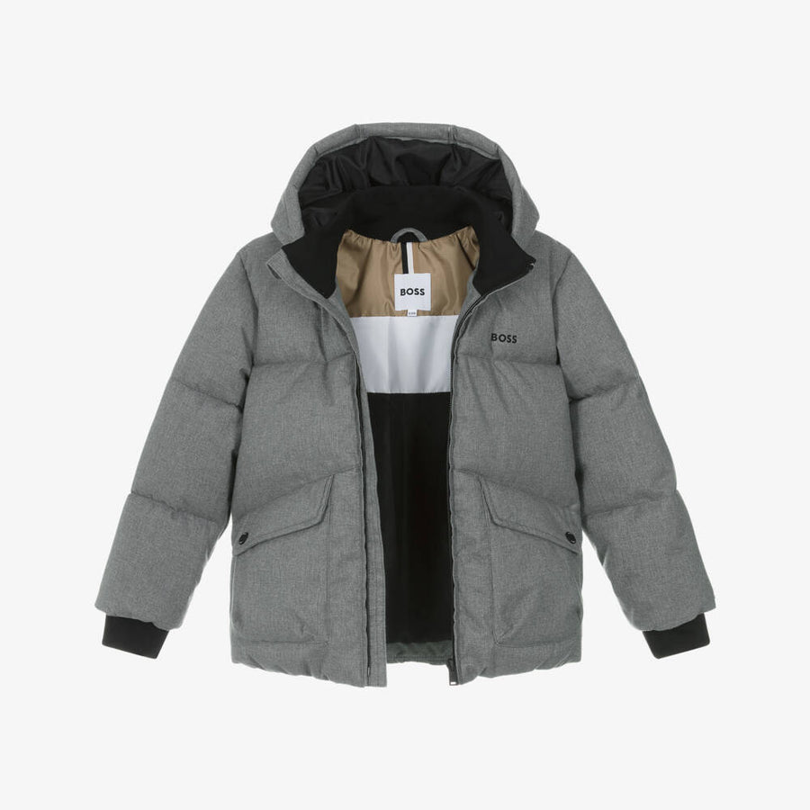 Boss Boys Grey Padded Hooded Jacket