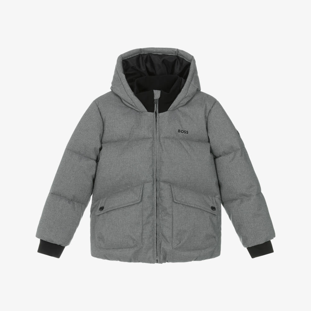 Boss Boys Grey Padded Hooded Jacket