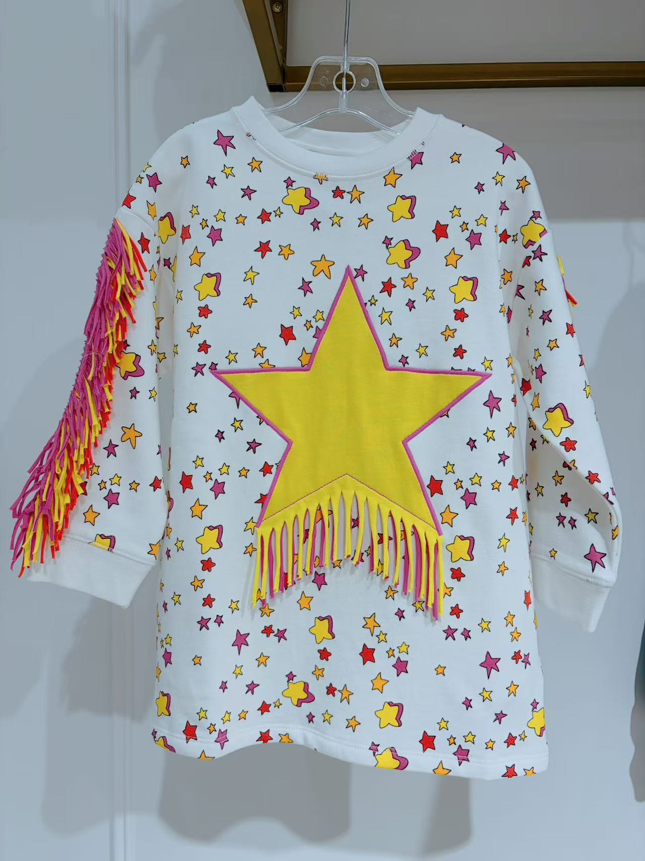 Stella McCartney Kids Girls White Cotton Sweatshirt with Yellow Star & Fringing