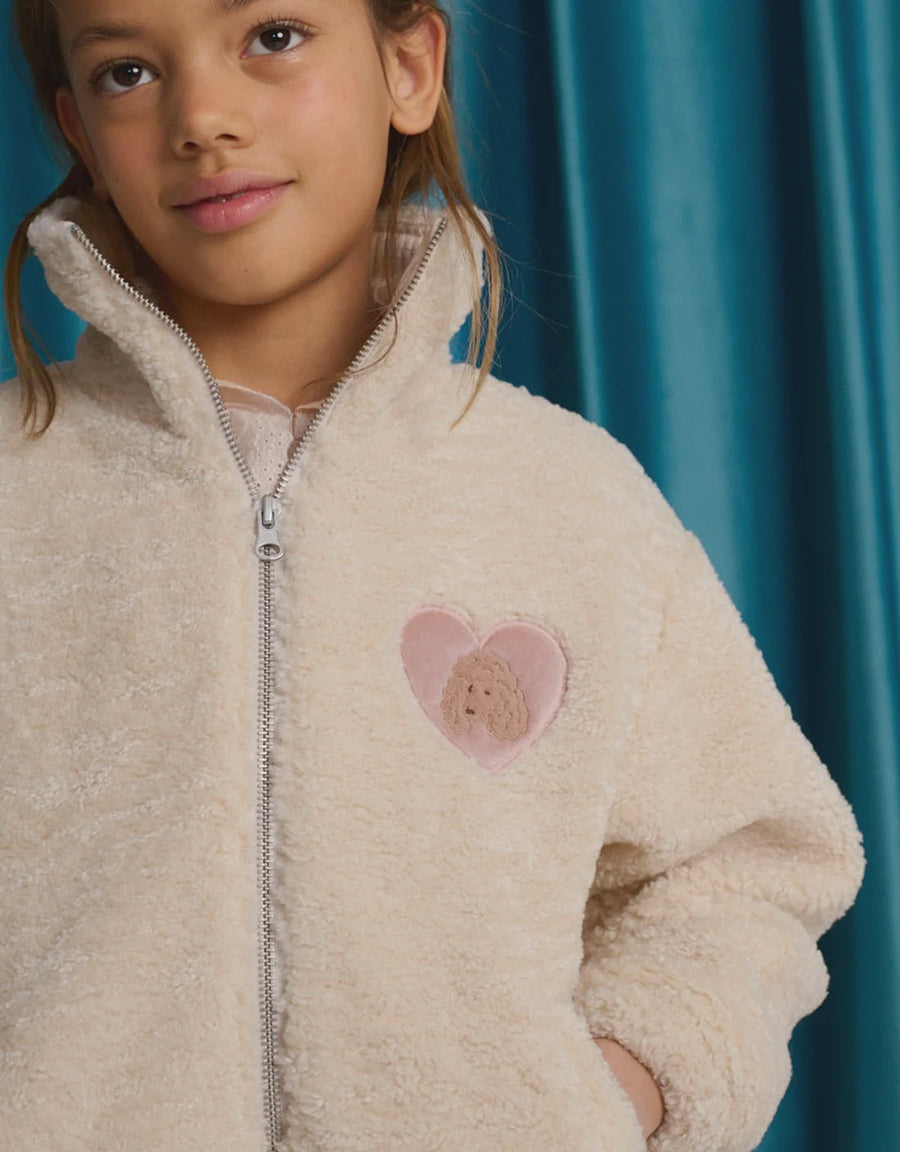 Gingersnaps Augusta Shearling Zip- Through Jacket with Ribbed Neck and Embroidered Poodle Heart Badge