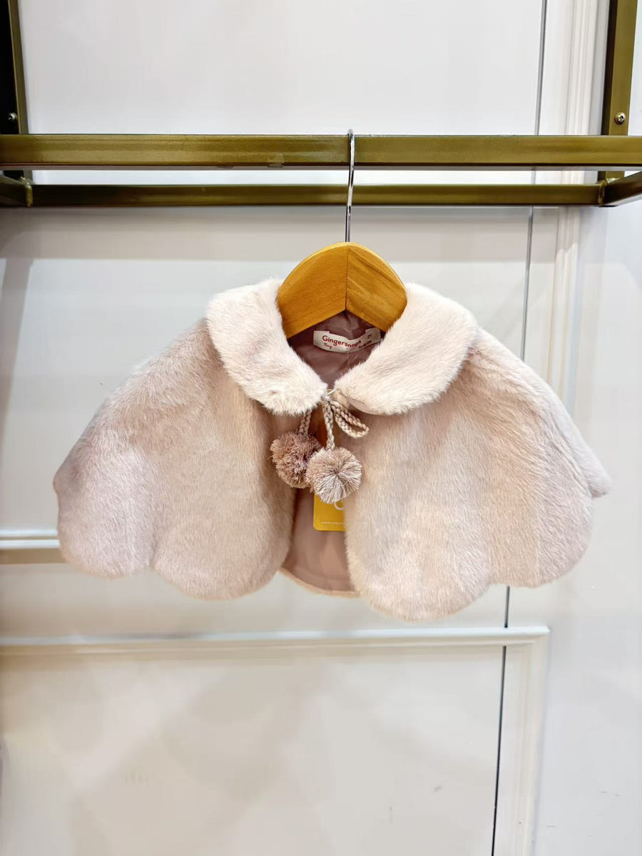 Gingersnaps  Baby Elaine Scalloped-Edge Faux Fur Capelet with Braided Ties and Pom-Poms