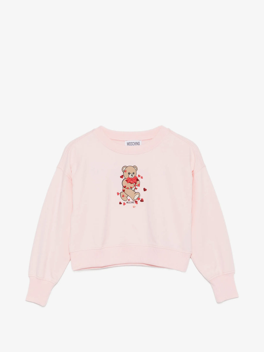 Moschino Kids Pink Crop Sweatshirt with Bear Holding Heart