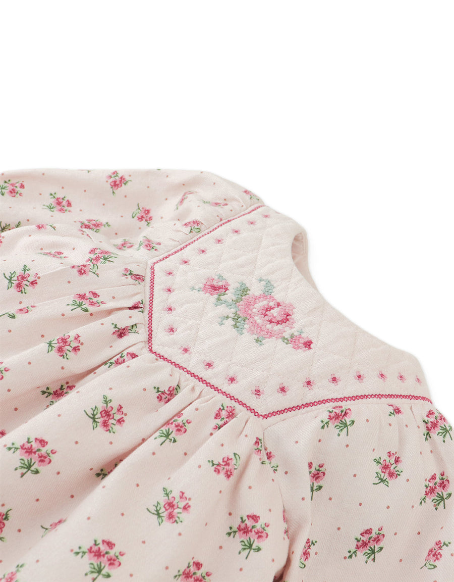 Gingersnaps   Baby Olivia Floral Printed Dress with Cross-Stitch Embroidery on Quilted Yoke
