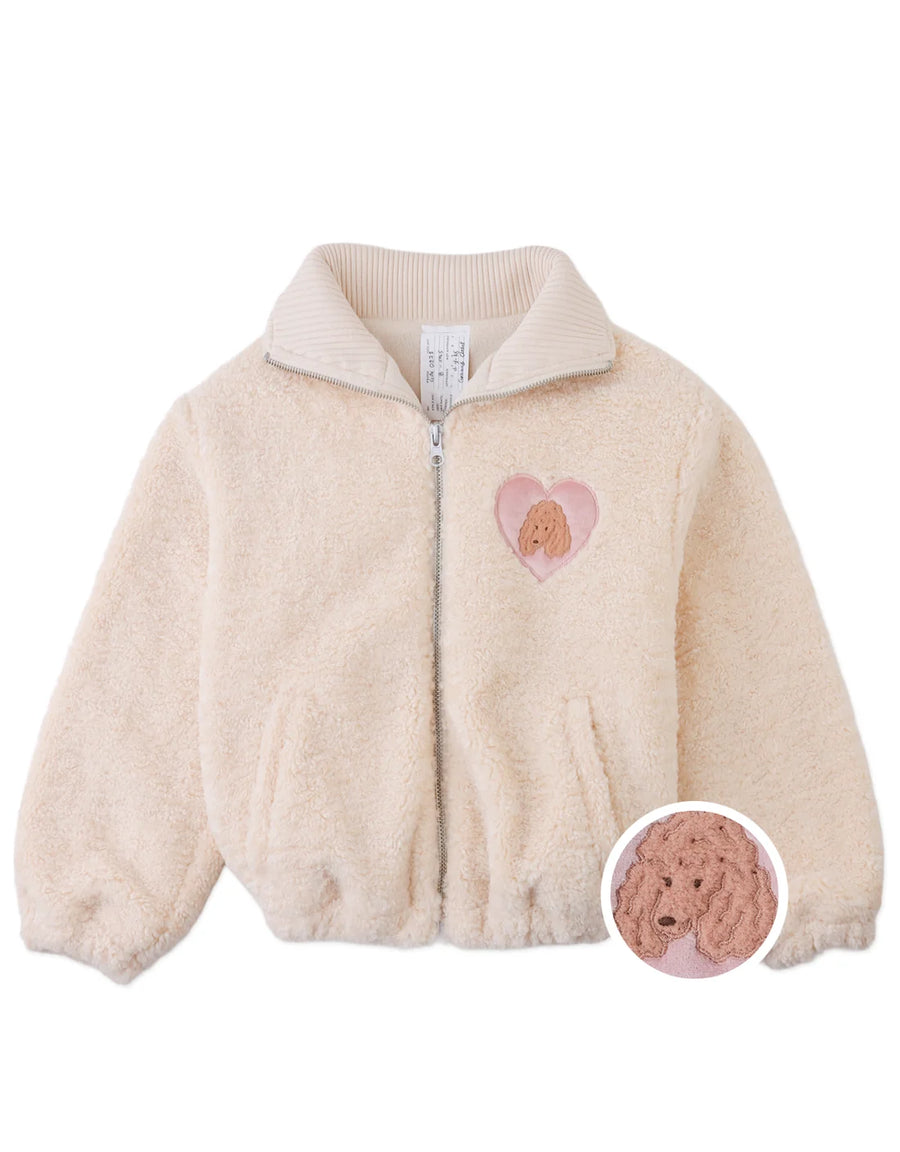 Gingersnaps Augusta Shearling Zip- Through Jacket with Ribbed Neck and Embroidered Poodle Heart Badge