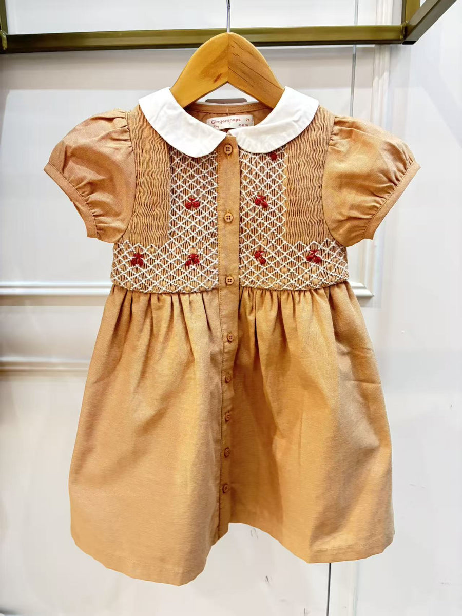 Gingersnaps Baby Marjorie Hand-Smocked Dress with Cherry Bullion Hand Embroidery