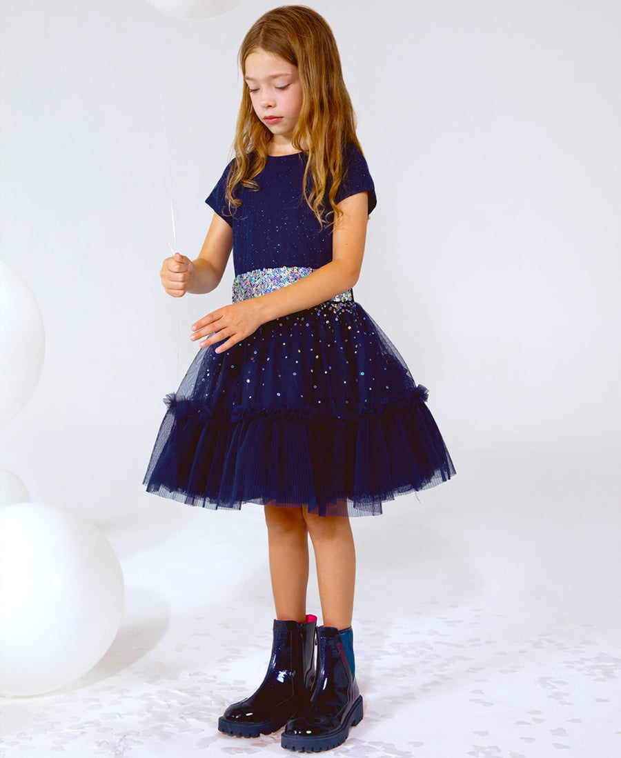 Billieblush Girls Navy Blue Sequinned Tulle Dress