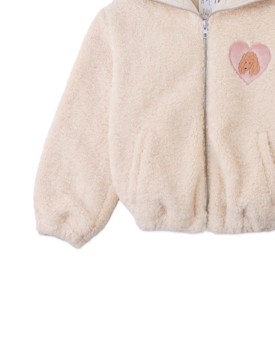Gingersnaps Augusta Shearling Zip- Through Jacket with Ribbed Neck and Embroidered Poodle Heart Badge