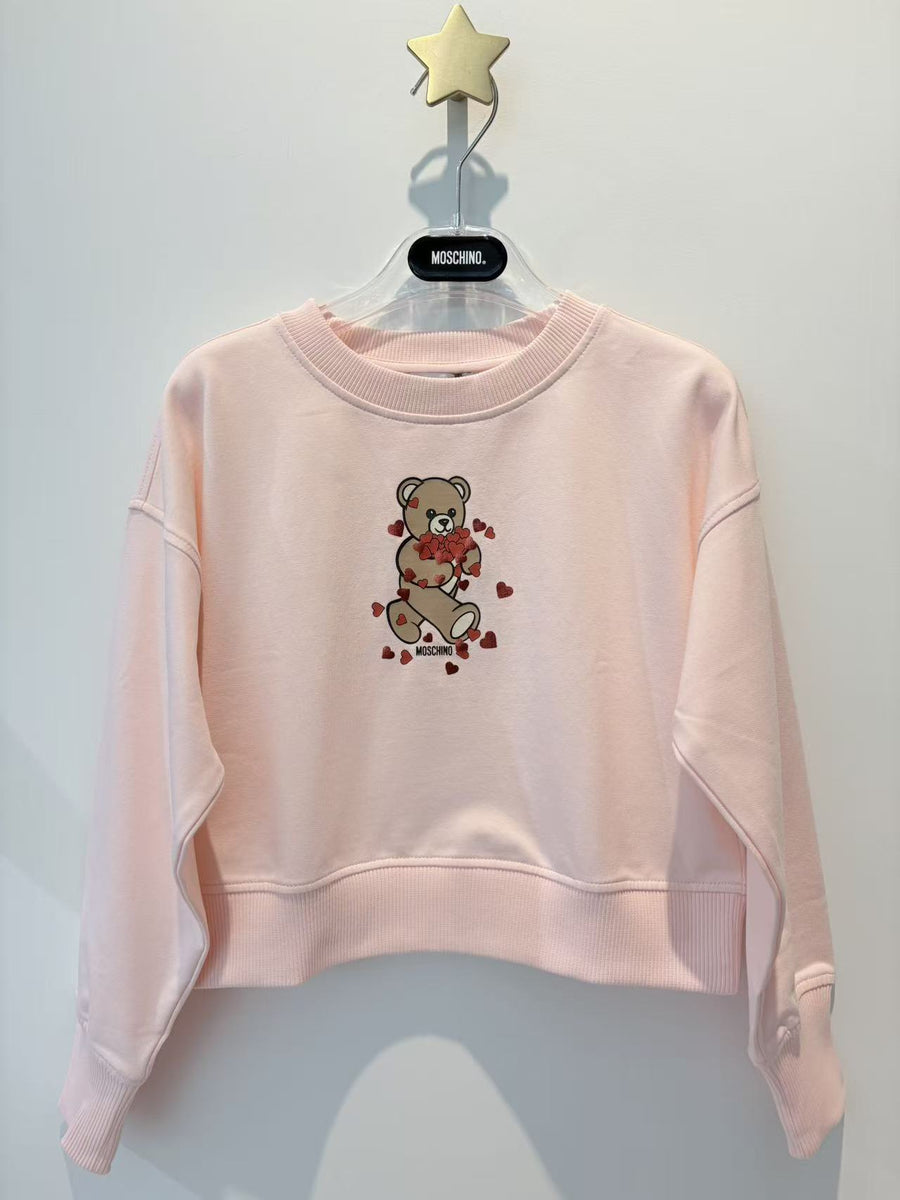 Moschino Kids Pink Crop Sweatshirt with Bear Holding Heart