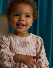 Gingersnaps   Baby Olivia Floral Printed Dress with Cross-Stitch Embroidery on Quilted Yoke