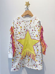 Stella McCartney Kids Girls White Cotton Sweatshirt with Yellow Star & Fringing
