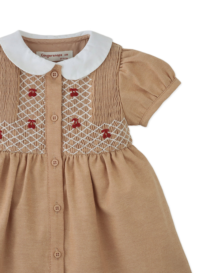Gingersnaps Baby Marjorie Hand-Smocked Dress with Cherry Bullion Hand Embroidery