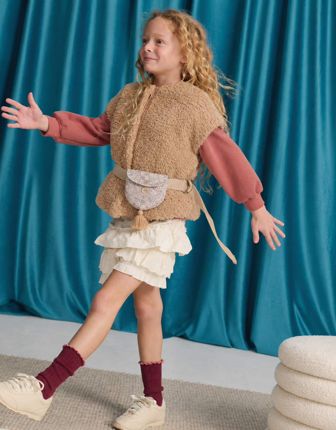Gingersnaps Jeanette Shearling Gilet with Floral Belt Bag and Tassels