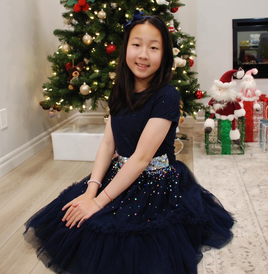 Billieblush Girls Navy Blue Sequinned Tulle Dress