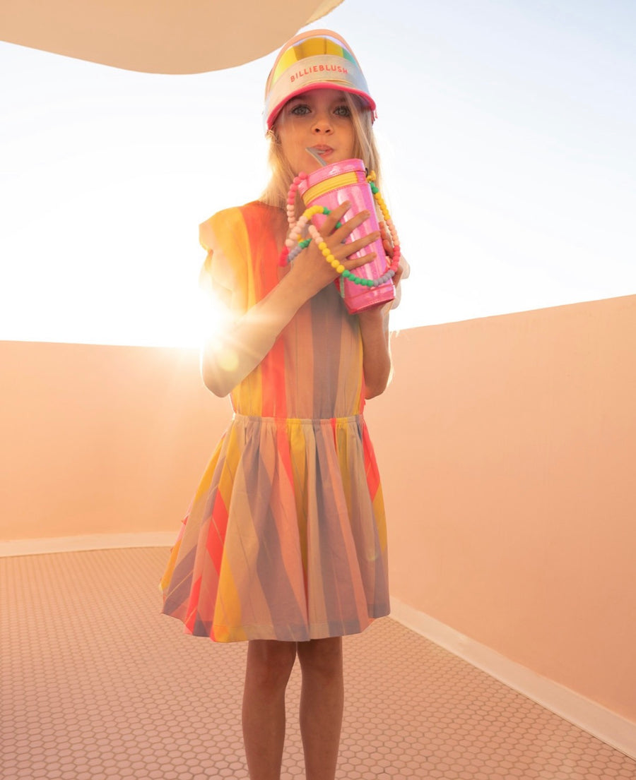 Billieblush Girls Lilac Pink & Yellow Cotton Dress with Silver Stripes