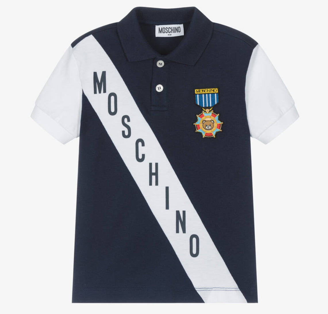 Moschino Boy SS Polo Tee With Logo And Medal Print
