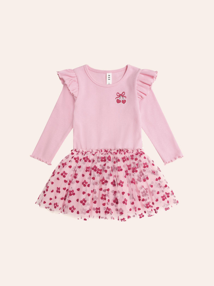 Huxbaby Longsleeve Cherry Pie Rib Tulle Dress