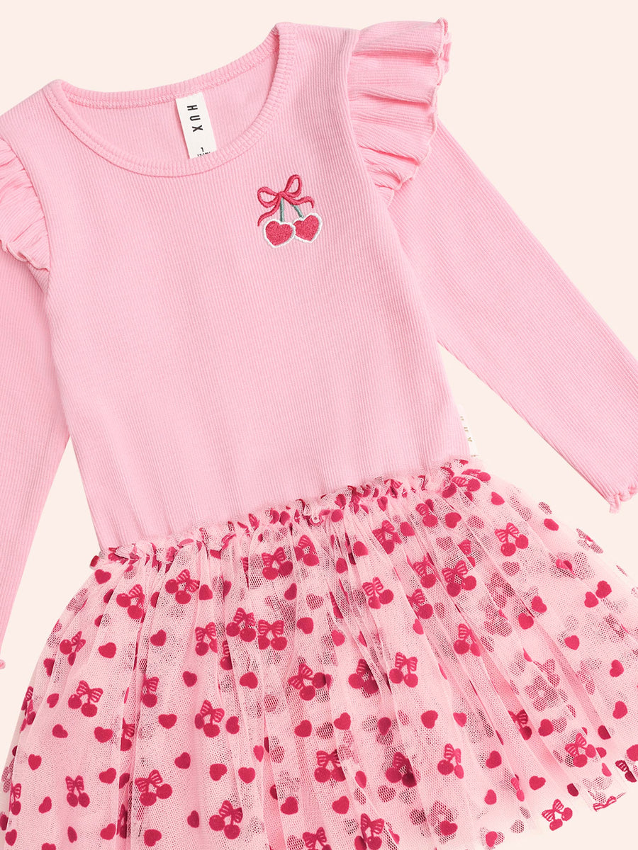 Huxbaby Longsleeve Cherry Pie Rib Tulle Dress