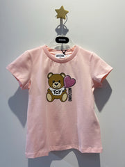 Moschino Girls Short Sleeve Tee with Bear Heart Print