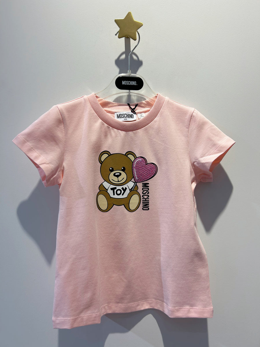Moschino Girls Short Sleeve Tee with Bear Heart Print