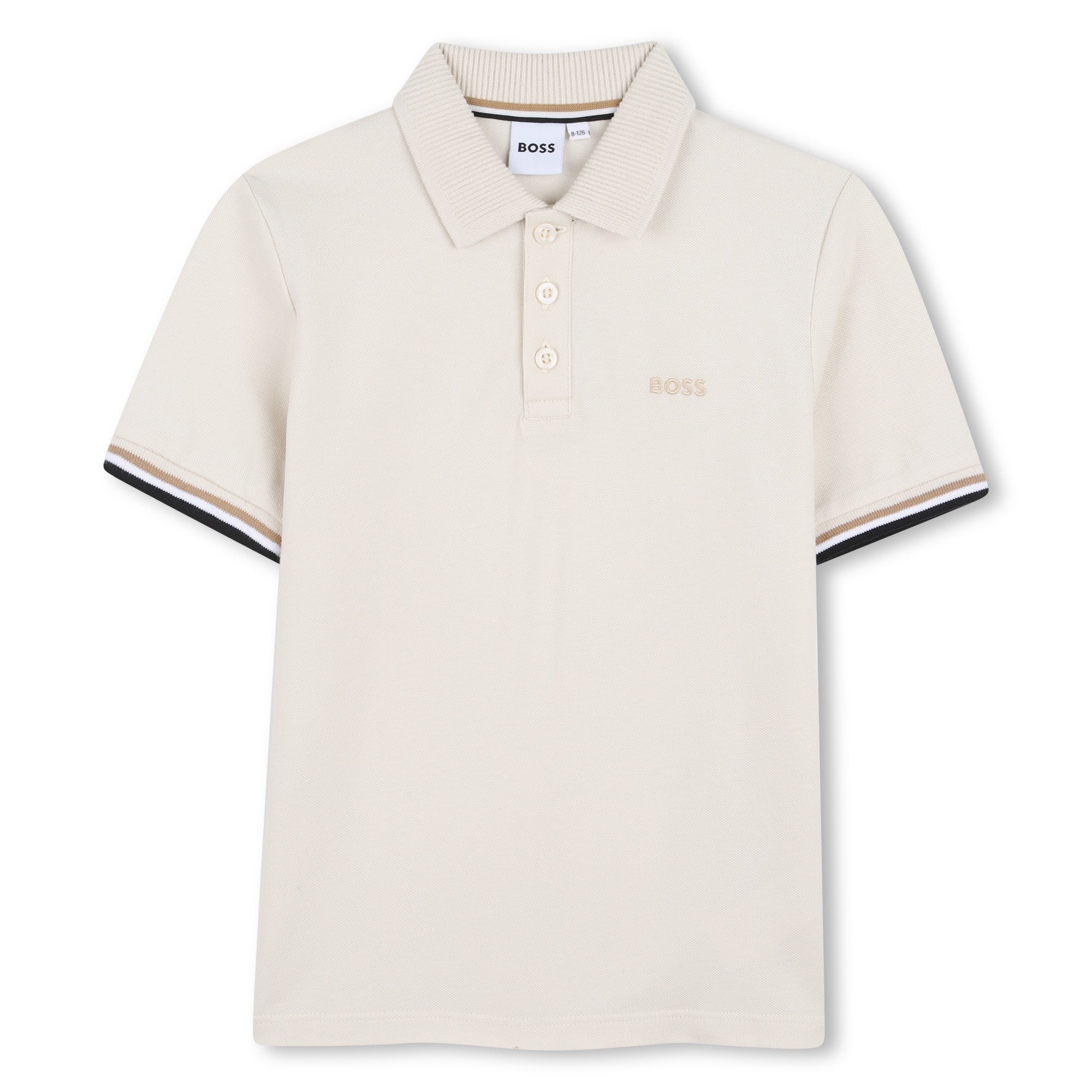 Boss Boy Cotton Elastane Pique Polo Shirt with Logo Sand