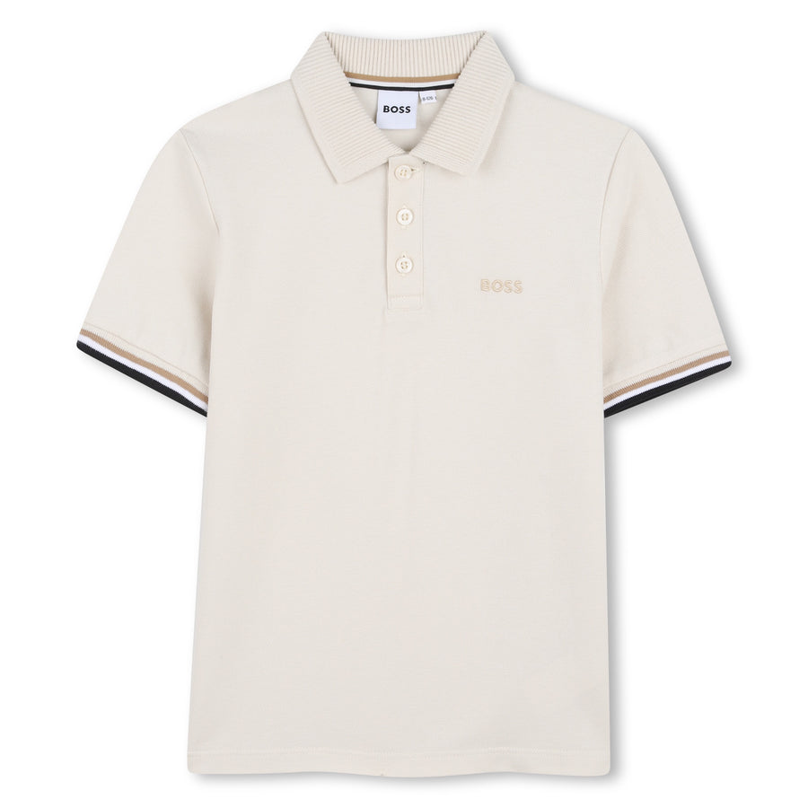 Boss Boy Cotton Elastane Pique Polo Shirt with Logo Sand