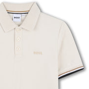 Boss Boy Cotton Elastane Pique Polo Shirt with Logo Sand