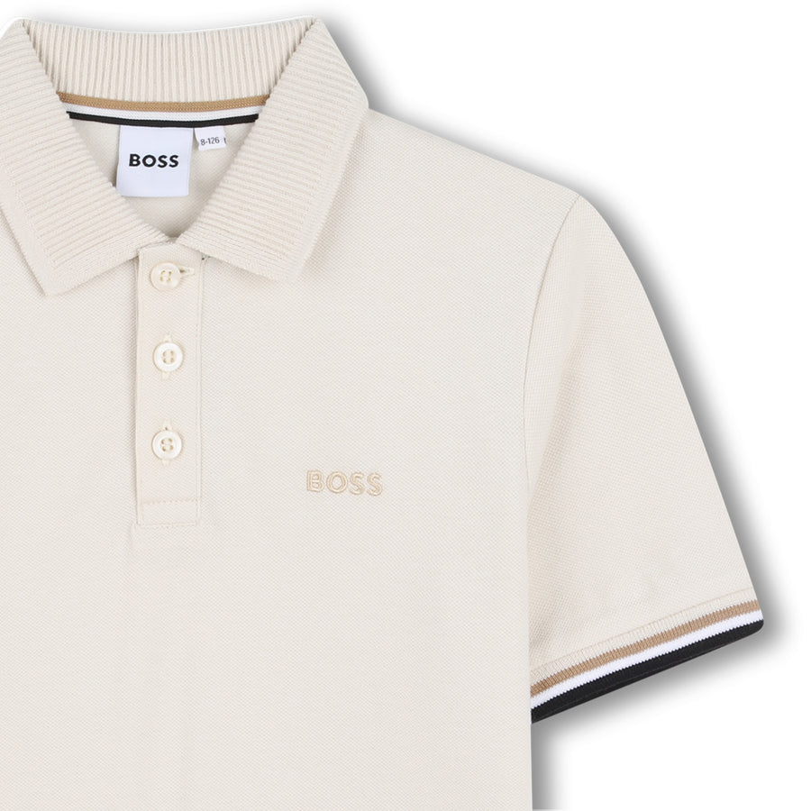 Boss Boy Cotton Elastane Pique Polo Shirt with Logo Sand