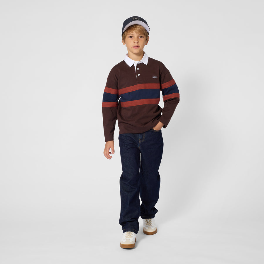 Boss LS Jersey Polo with Bold Stripes Across the Middle
