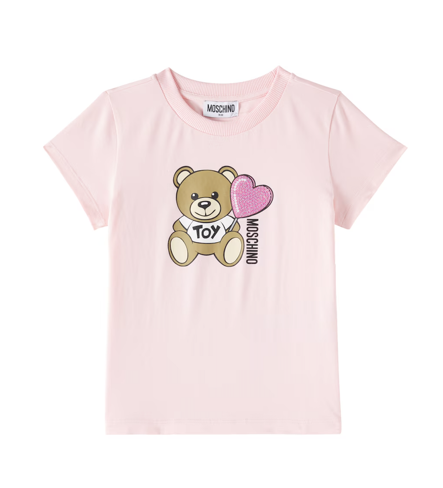 Moschino Girls Short Sleeve Tee with Bear Heart Print