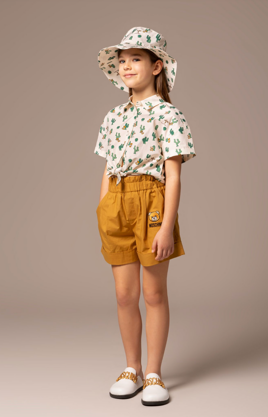 Moschino Girls Patch Ruffled Waist Brown Shorts