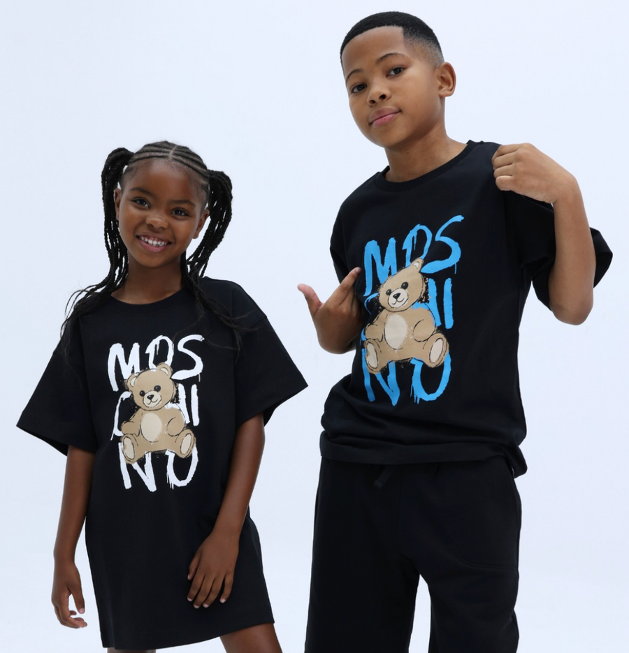 Moschino Black Cotton Teddy Bear Maxi T-Shirt with Graffiti Logo