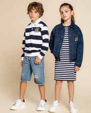 Moschino Boys Navy Blue & White Striped Cotton Rugby Shirt