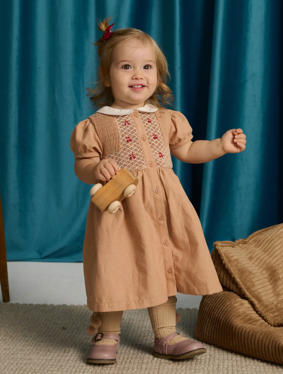 Gingersnaps Baby Marjorie Hand-Smocked Dress with Cherry Bullion Hand Embroidery