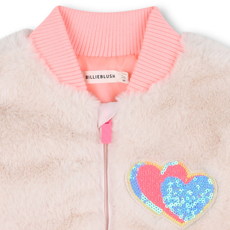 Billieblush Girls Beige-Pink Faux Fur Zip-Up Jacket