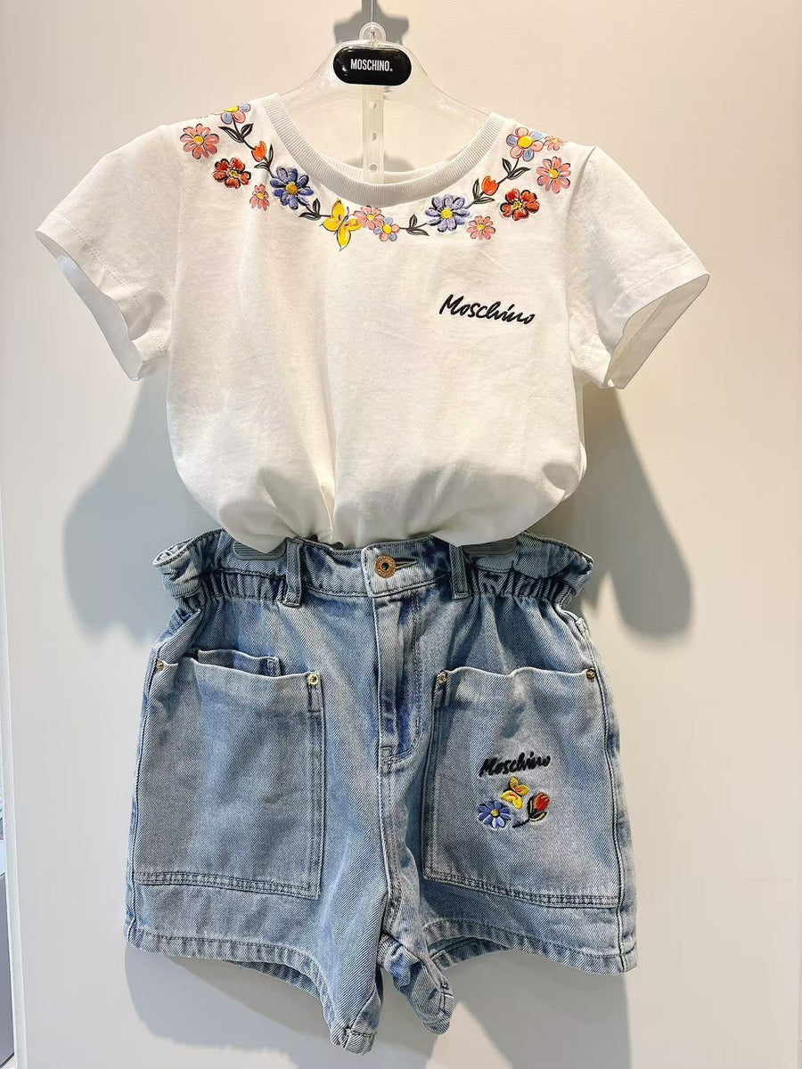 Moschino Girls Blue Denim Floral Shorts Set
