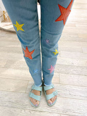 Stella McCartney Girl Denim Pants with Multicolor Stars Embro