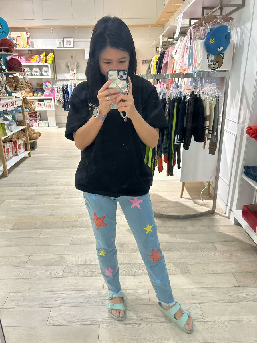 Stella McCartney Girl Denim Pants with Multicolor Stars Embro
