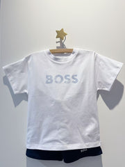 Boss Boys White & Blue Cotton Shorts Set