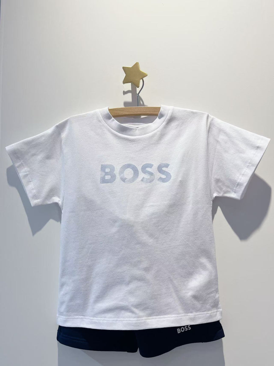 Boss Boys White & Blue Cotton Shorts Set