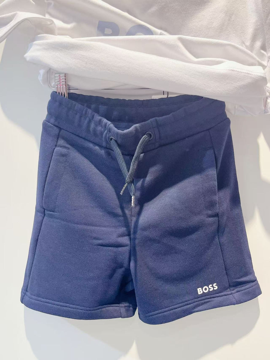 Boss Boys White & Blue Cotton Shorts Set