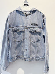 Moschino Blue Hooded Denim Jacket With Teddy Bear