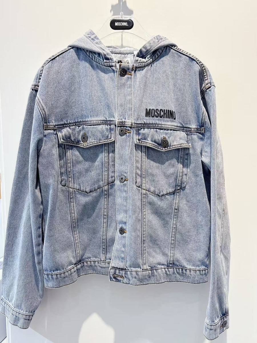 Moschino Blue Hooded Denim Jacket With Teddy Bear