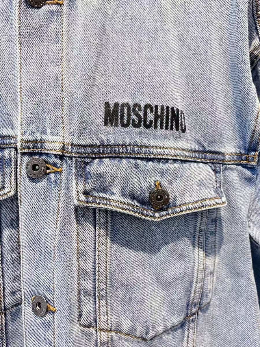 Moschino Blue Hooded Denim Jacket With Teddy Bear
