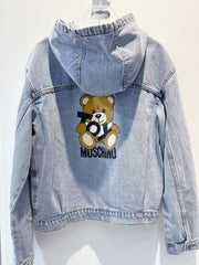 Moschino Blue Hooded Denim Jacket With Teddy Bear