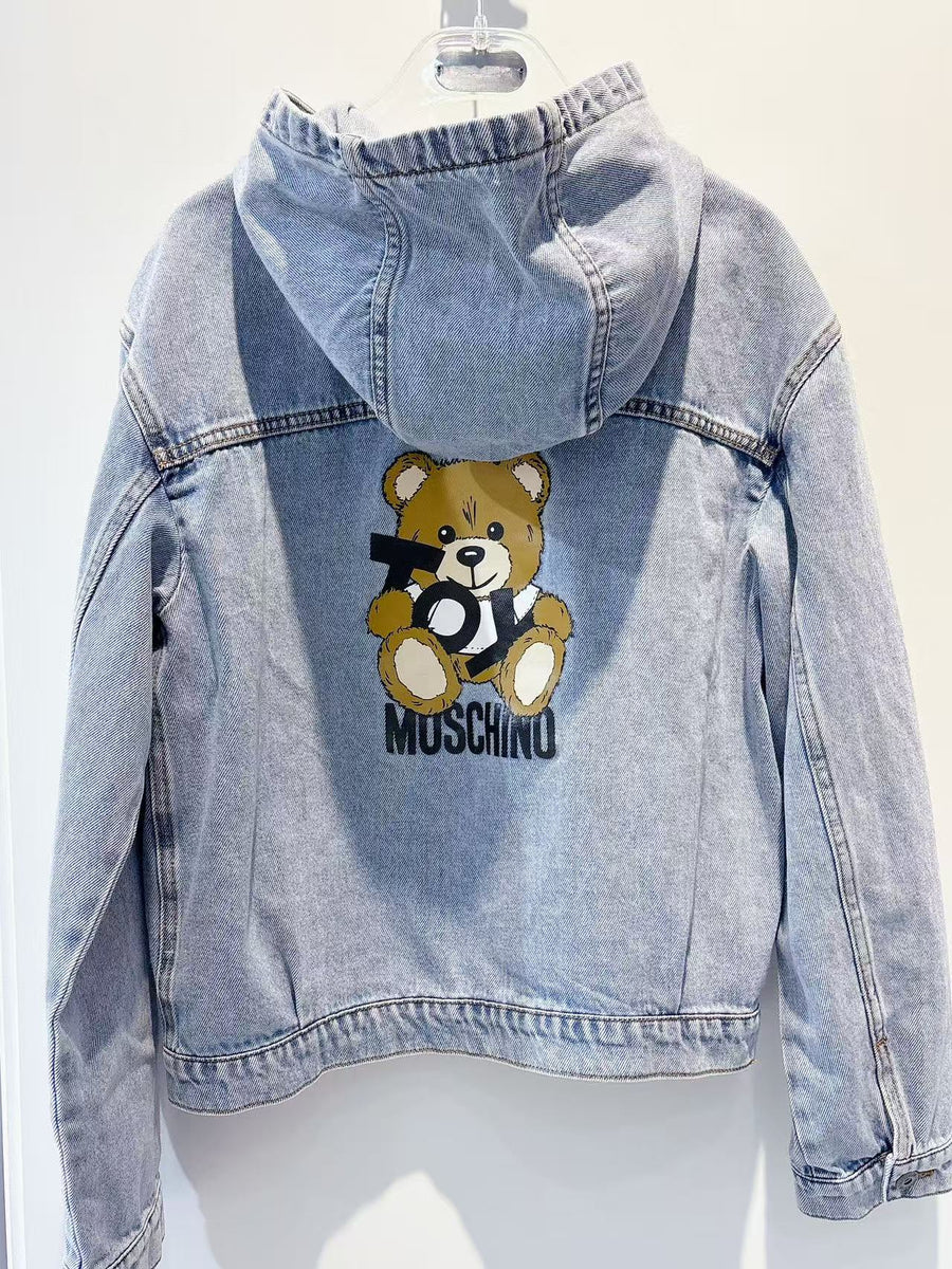 Moschino Blue Hooded Denim Jacket With Teddy Bear