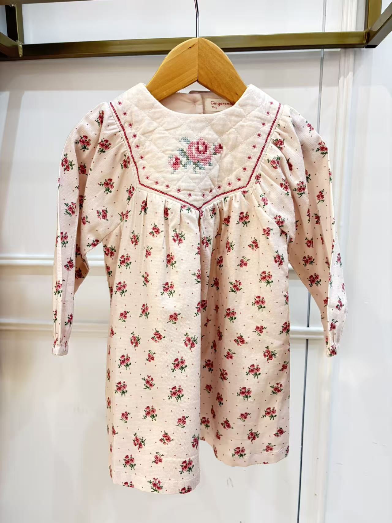 Gingersnaps   Baby Olivia Floral Printed Dress with Cross-Stitch Embroidery on Quilted Yoke