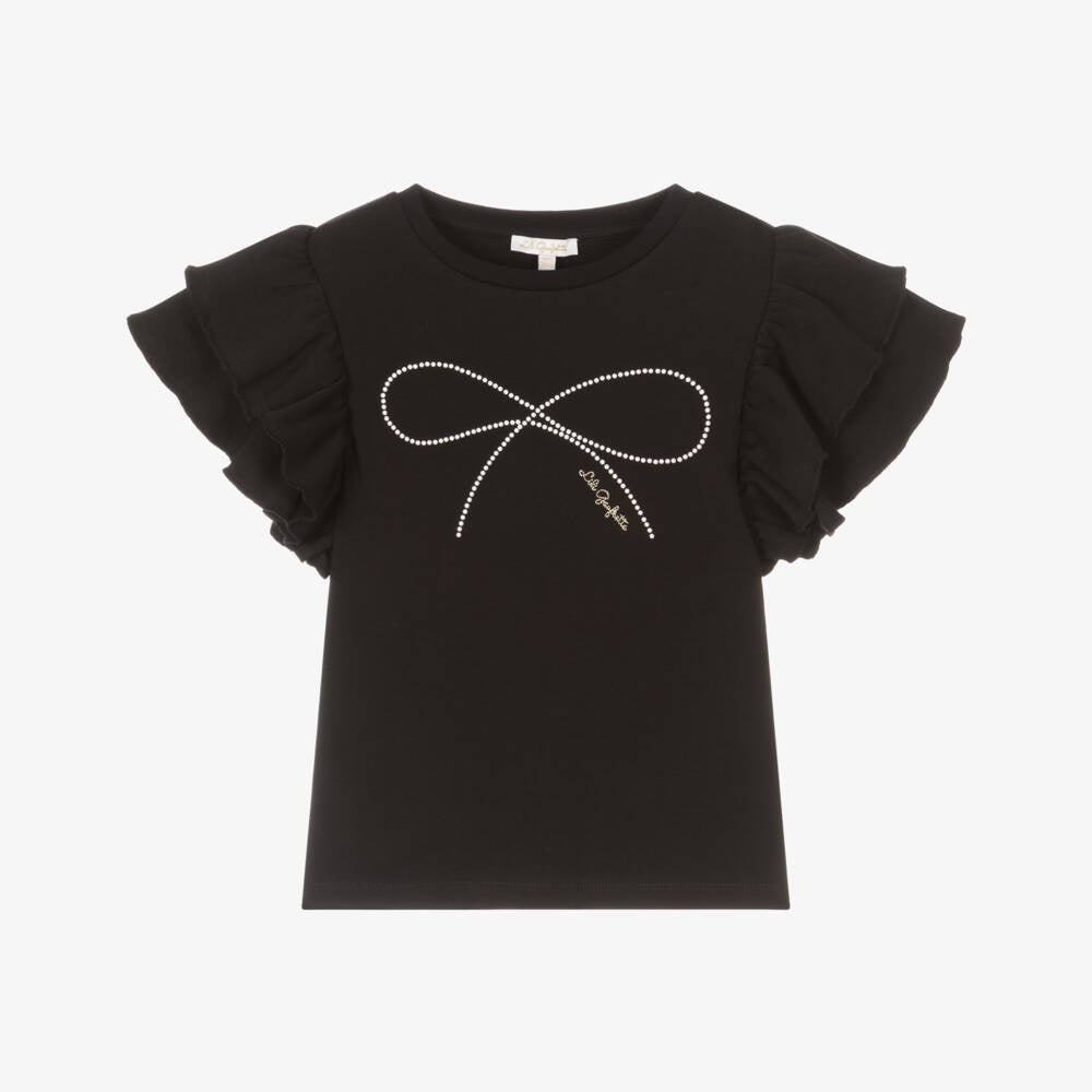 Lili Gaufrette Girls Jet Black Tshirt Ruffles on Sleeve