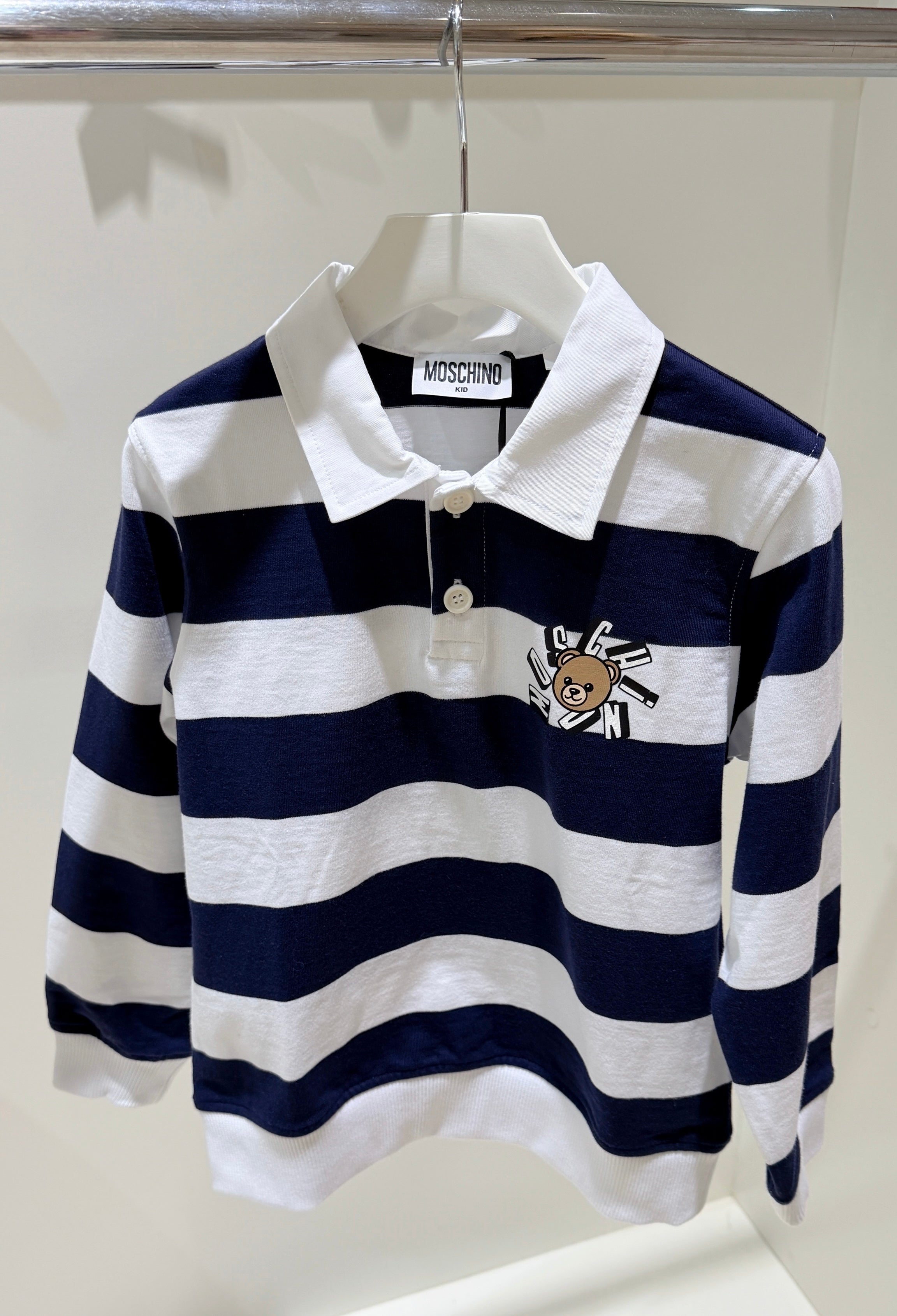Moschino Boys Navy Blue & White Striped Cotton Rugby Shirt