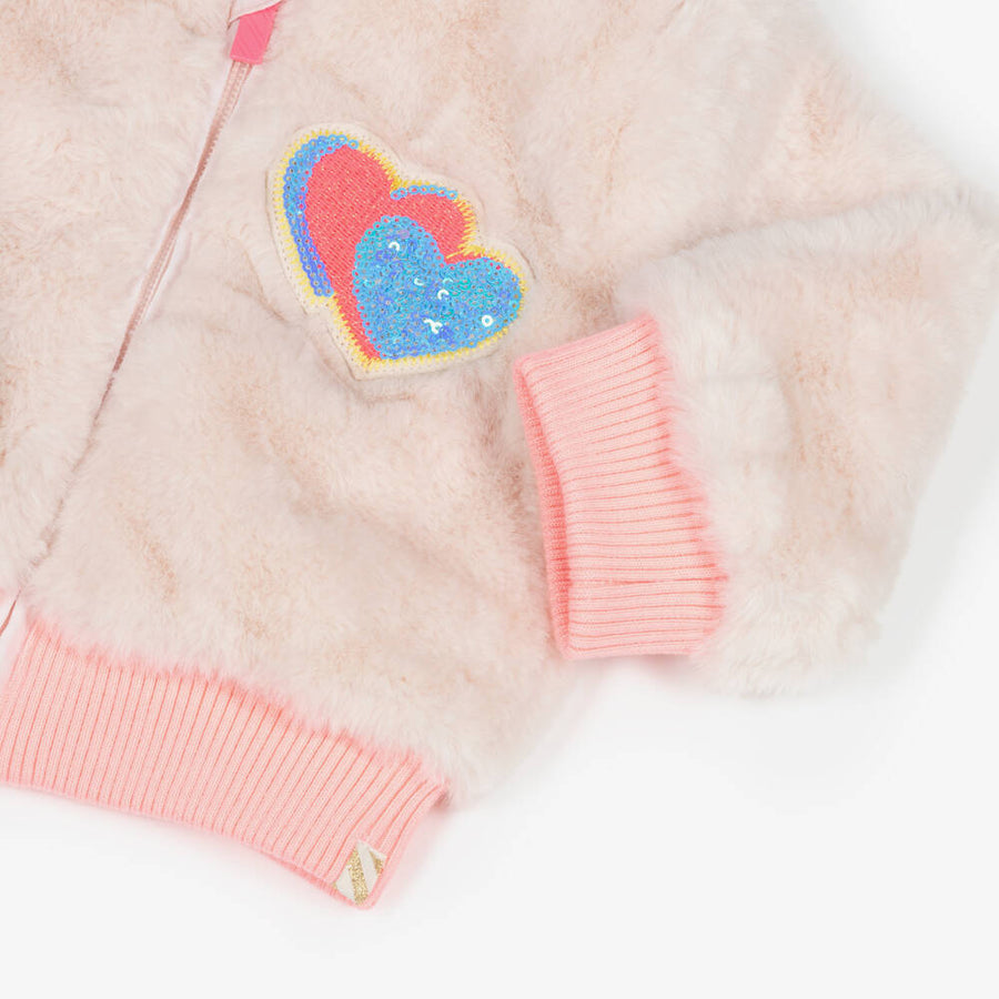 Billieblush Girls Beige-Pink Faux Fur Zip-Up Jacket