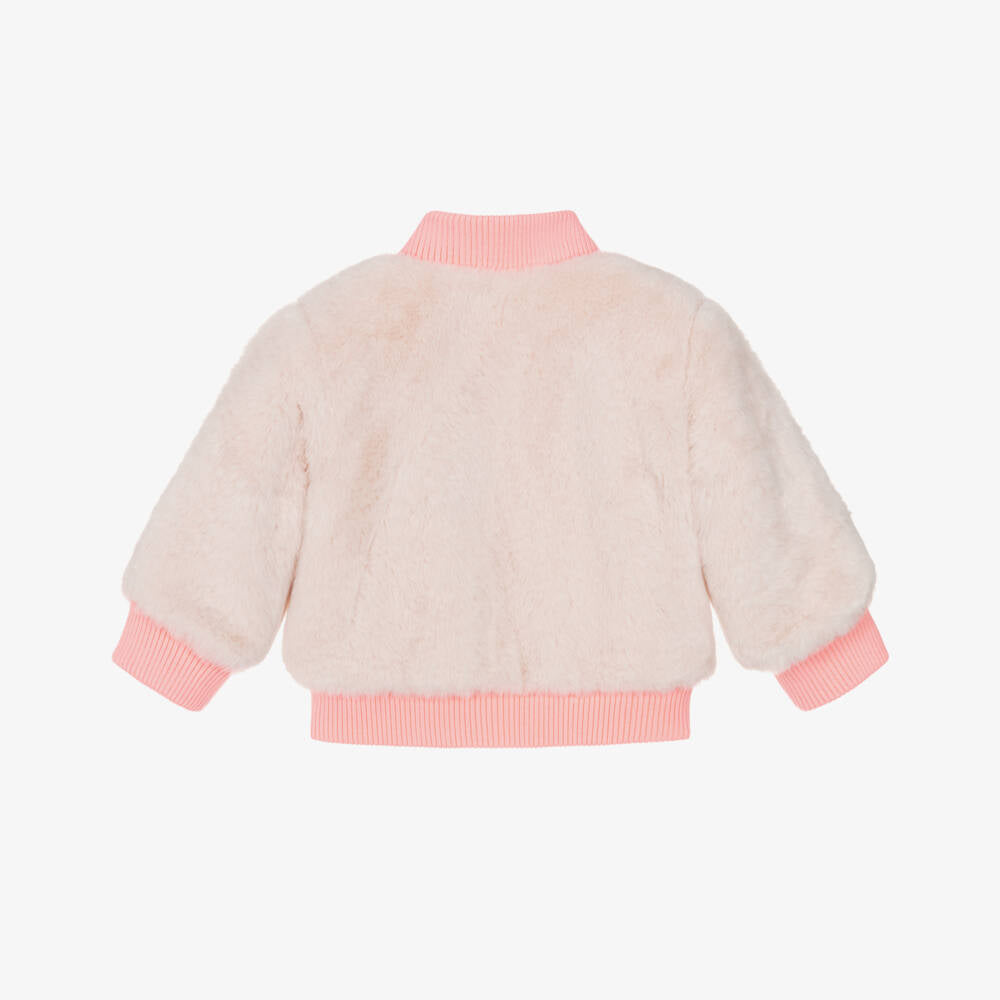 Billieblush Girls Beige-Pink Faux Fur Zip-Up Jacket